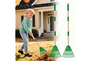 Acostop 2 Pcs Kids Rakes with Wood Handle - 34" Lightweight Plastic Garden Rake for Leaves, Safe to Use Kid Yard Tools for Boys Girls Fall Gardening Gifts (Green)