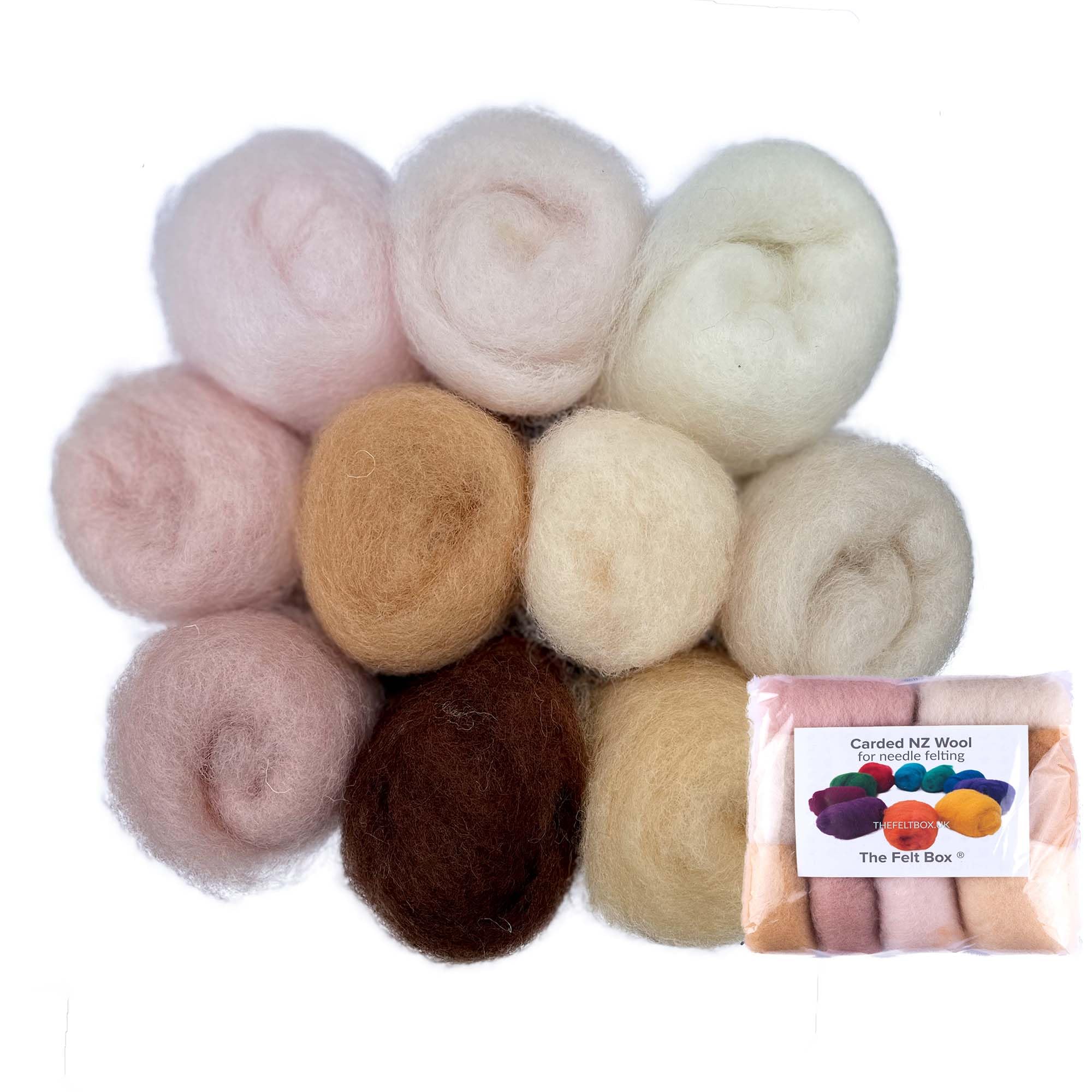 The Felt Box Needle Felting Wool – 10 Skin Tones Pack Maori DHG (100g Total) – Carded Batt with Coarse Short Fibres – Perfect for Dolls People Animals & Natural 3D Craft Projects