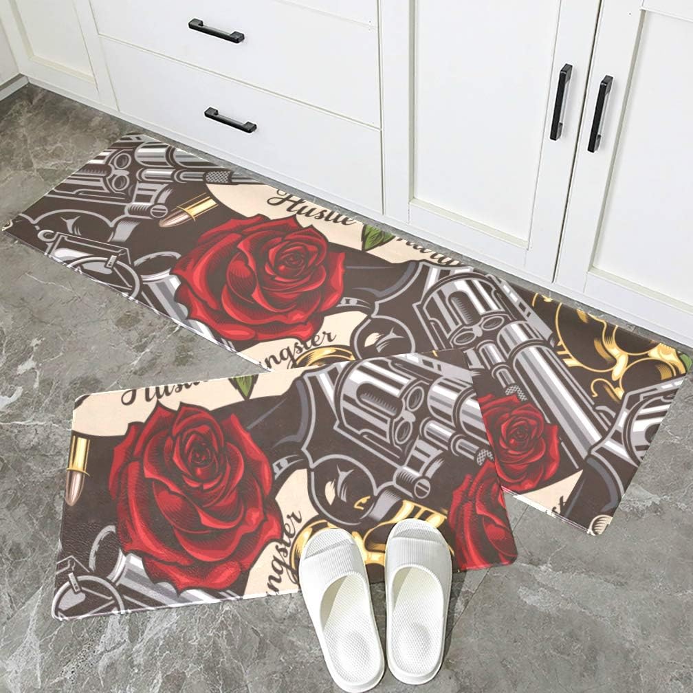 GIRLOS Set of 2 Pieces Long Kitchen Mat Kill Weapon Revolver NonSlip