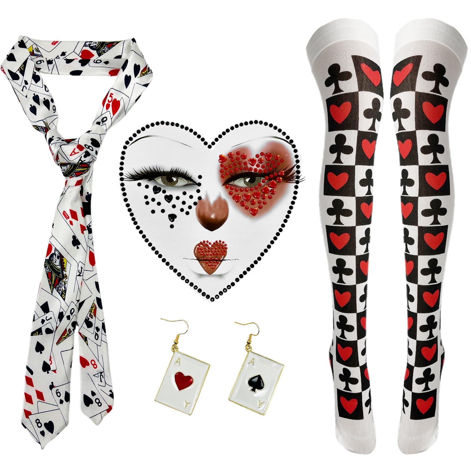 GYIOFAI 4pcs Queen of Hearts Costume Women,Queen of Hearts Accessories Set include Opaque Hold-Ups,Heart Gem Sticker,Poker Tie and Red Black Heart Dangle Earrings,for Halloween Carnival Cosplay Party