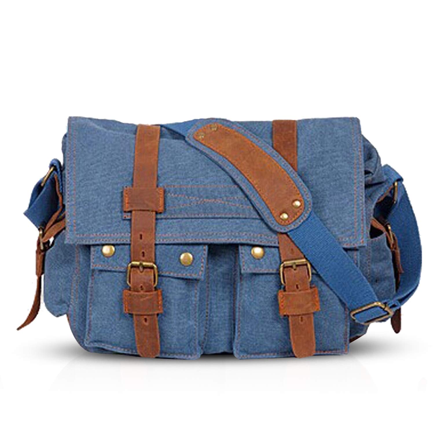 FANDARE Retro Shoulder Bags Messenger Bag 14 Inch Laptop Briefcase Men Women Sports Bag Work School Satchel Canvas Navy Blue L