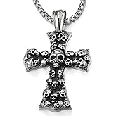 COOLSTEELANDBEYOND Mens Large Gothic Vintage Skulls Cross Pendant Necklace of Steel, Wheat Chain