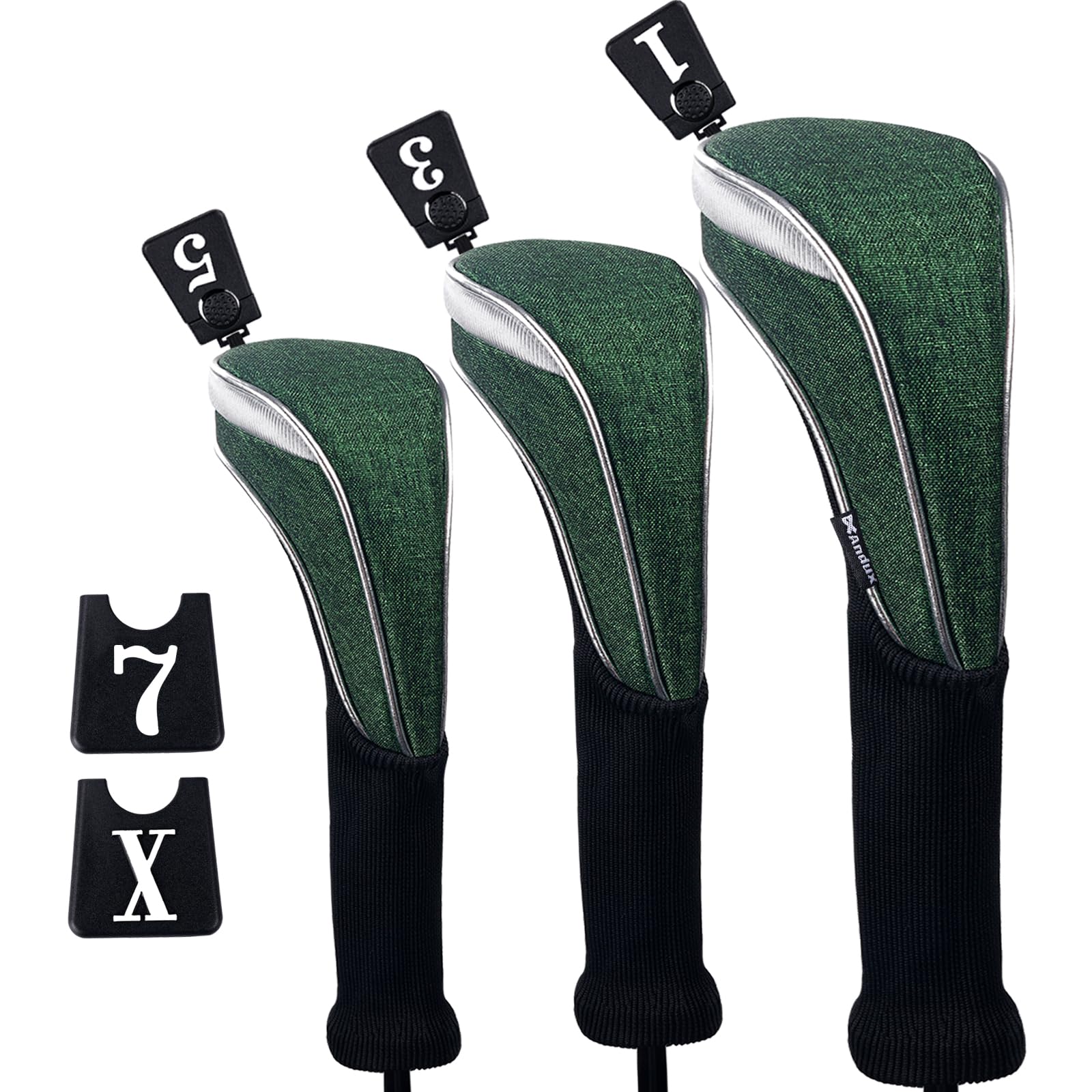 Andux 3pcs/Set Nylon Golf Wood Club Head Covers 460cc Driver Covers Long Neck Green
