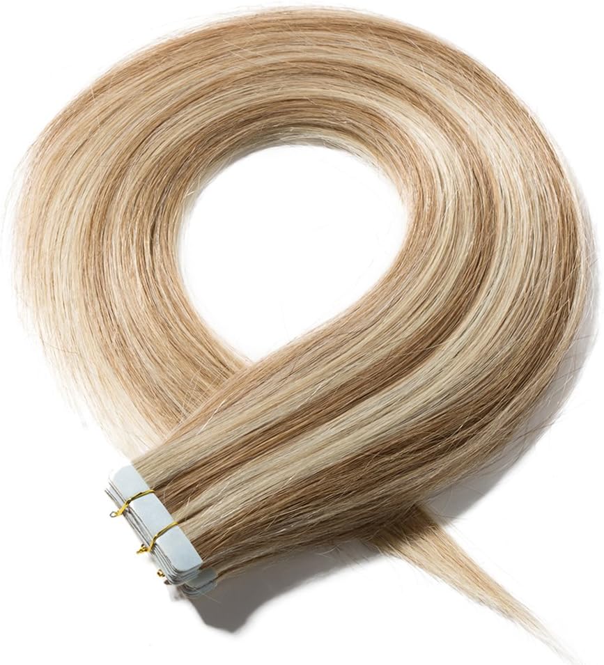 12 inches Tape in Hair Extensions Human Hair 20 PCS Straight Skin Weft Real Remy Hair Extension (40g, 12/613 Golden Brown Mix Bleach Blonde)