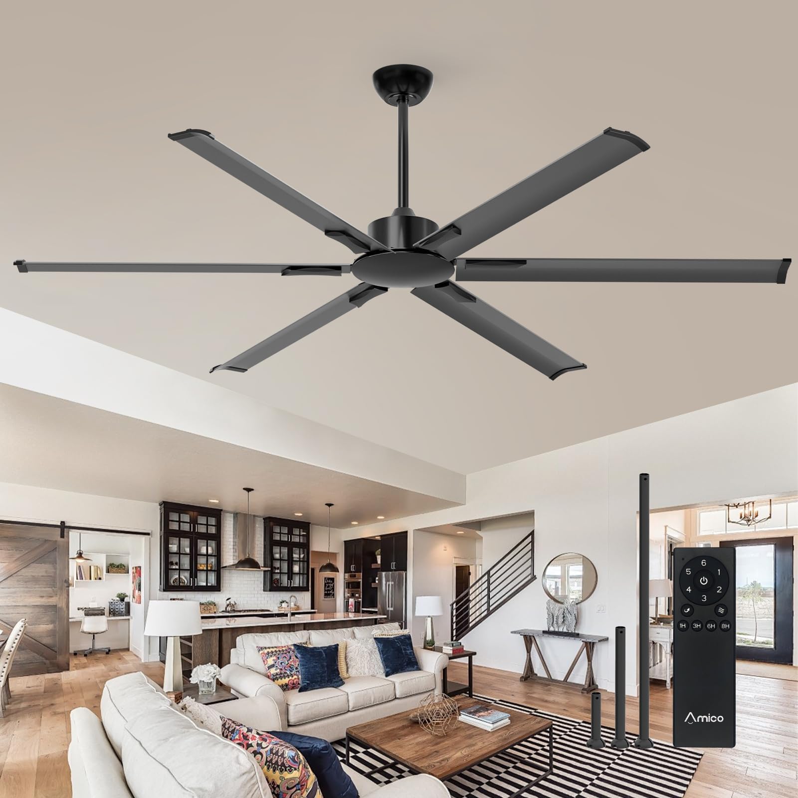 Photo 1 of Amico Ceiling Fans without Lights, 72 inch Industrial Indoor/Outdoor Ceiling Fan with Remote Control, Reversible, 6 Blades, Noiseless, Black Ceiling Fan for Patio, Porch, Garage, shop, Farmhouse