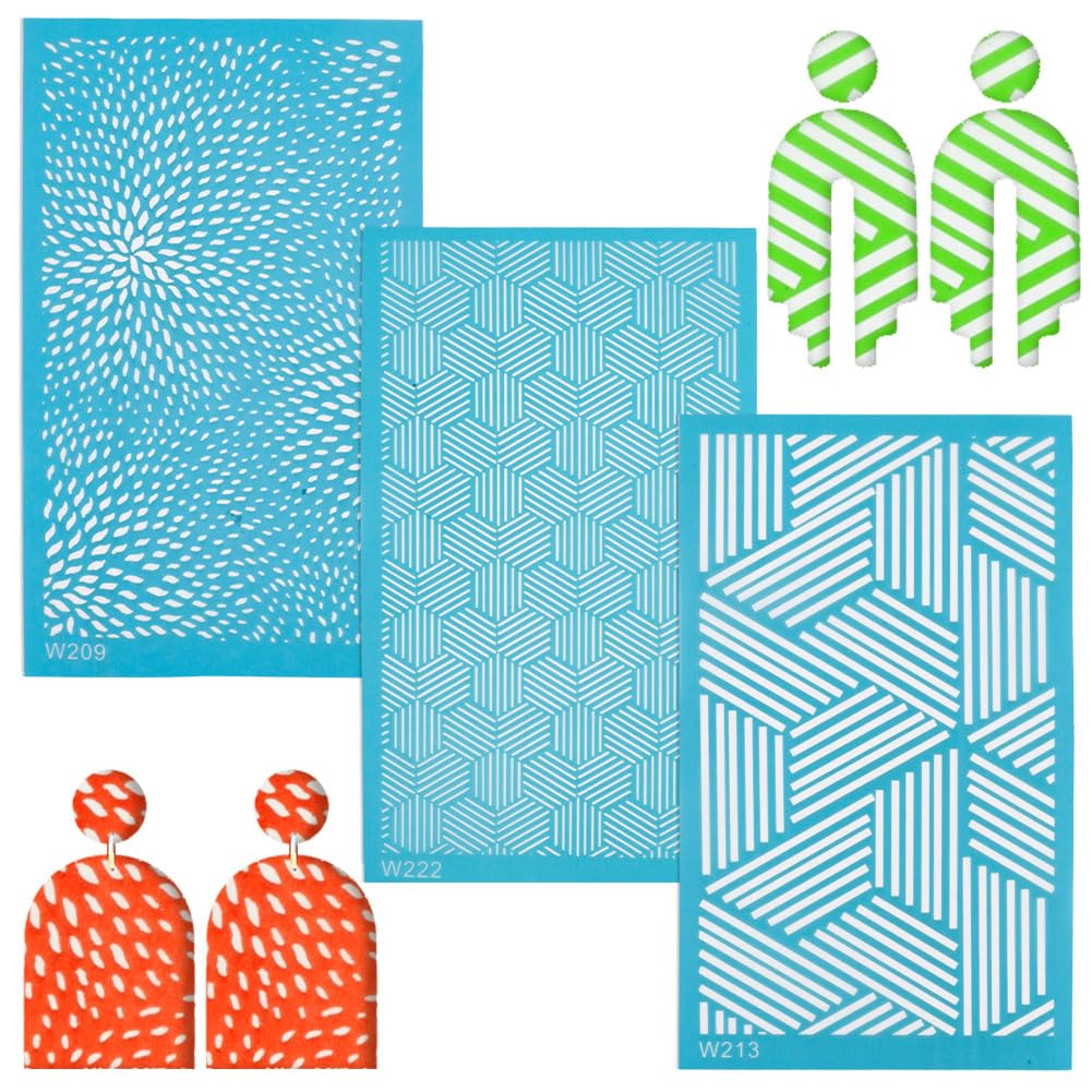 CREATCABIN 3Pcs Silk Screen Stencils for Polymer Clay Linear Reusable Silkscreen Printing Kit Working with Clay Earrings Polymer Print Stencil Tools Nylon Impression Mat for Jewelry Making 3.5x5.8Inch
