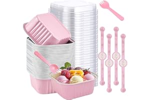 Dhjkko 50PCS 5oz Mini Loaf Pans for Baking Mini Cupcake Pans Liner with Lids Spoons and Stickers Aluminum Foil Square Disposa