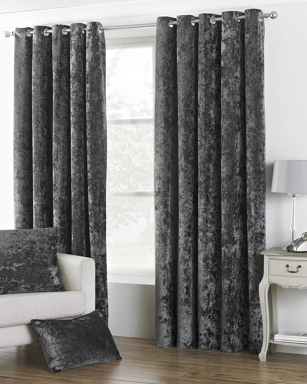 Paoletti Verona CRUSHED VELVET Eyelet Curtains, 46" x 72" (117 x 183 cm), Pewter Grey