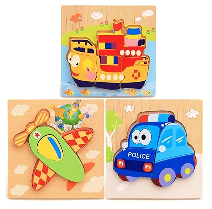 Hillento Wooden Puzzles for Toddlers Girls Boys Babies Educational Puzzle Toys Set, Colorful Solid Wood Pieces. Educational & Sensory Learning for Toddlers, Set of 3 (Fighter, Police Car, Cruises)