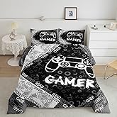 Feelyou Kids Gamer Comforter Set for Boys Teens, Black Gaming Bedding Sets Full Size Video Game Controller Reversible Quilt Set All Season Home Decor with 2 Pillowcases