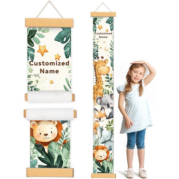 Personalized Kids Growth Chart Ruler – Custom Name, Oak Solar Woodland Theme, Flower & Dinosaur Canvas Wall Ruler
