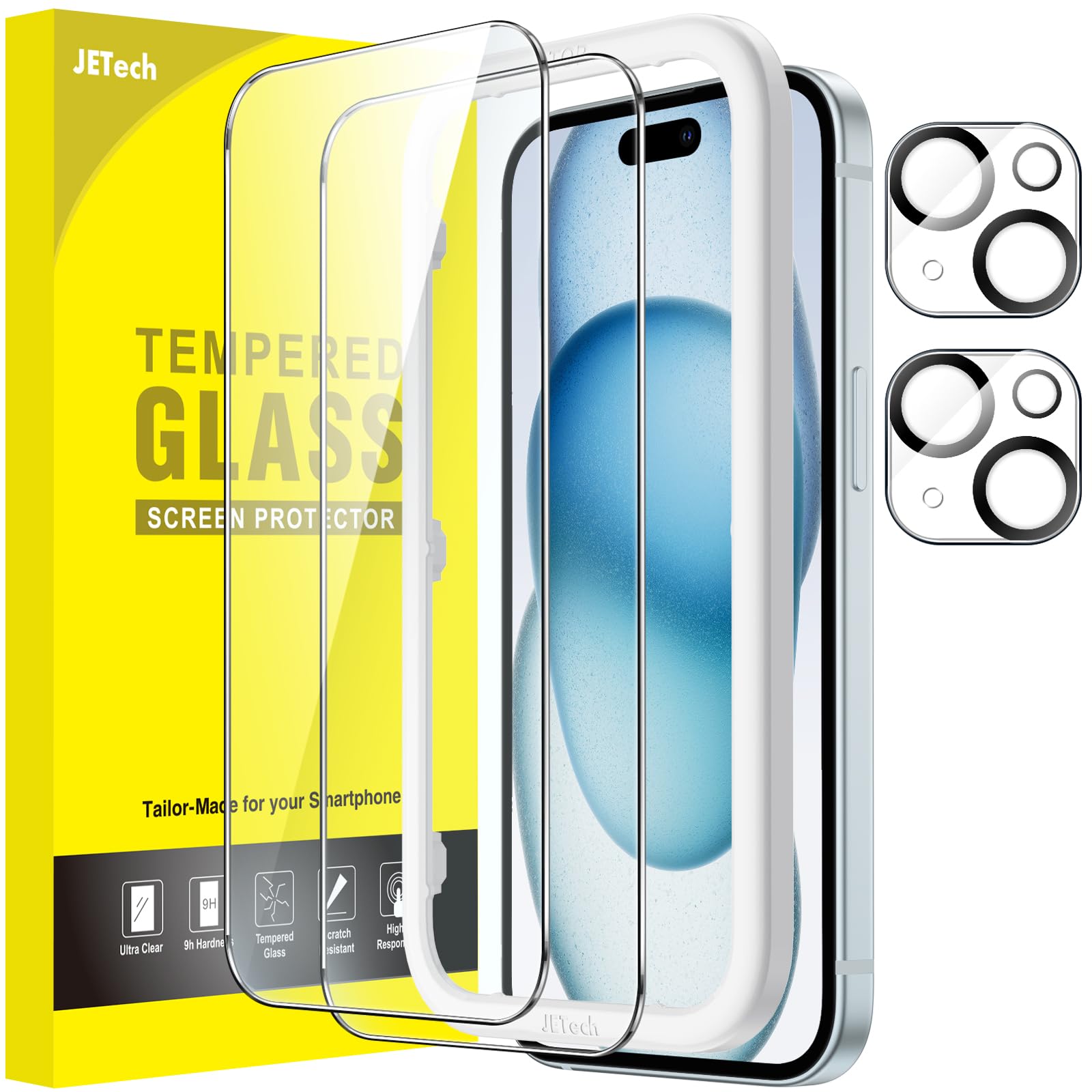 JETech Screen Protector for iPhone 15 Plus 6.7-Inch with Camera Lens Protector, Easy Installation Tool, Tempered Glass Film, HD Clear, 2-Pack Each — image 1