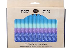 SHALHEVET LIGHT Safed Candle Company Shabbat Candles Box Set Hand Dipped Made in Israel (Blue/Purple)