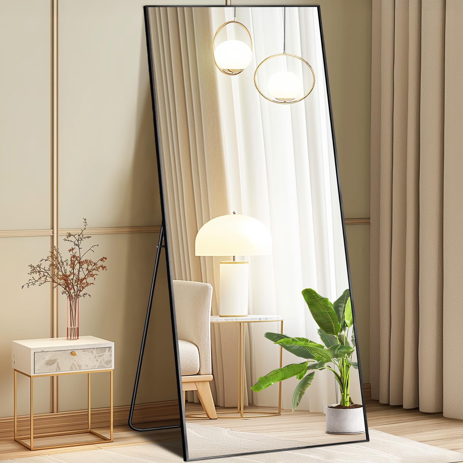 DUMOS Full Length Mirror with Stand, 68"x26" Floor Mirror with Aluminum Alloy Frame for Bedroom, Standing Full Body Mirror with Shatter-proorf Nano Glass for Wall, Living Room, Cloakroom, Black Image