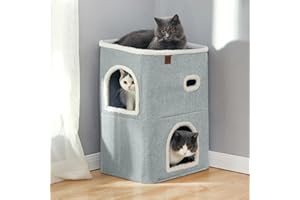 CATBOAT 2-Storey Cat House for Indoor Cats Bed, Covered Beds & Furniture with Scratch Pad and Hideaway Cave, Cute Modern Condo for Multi Small Pet Large Kitten Kitty, Light Grey