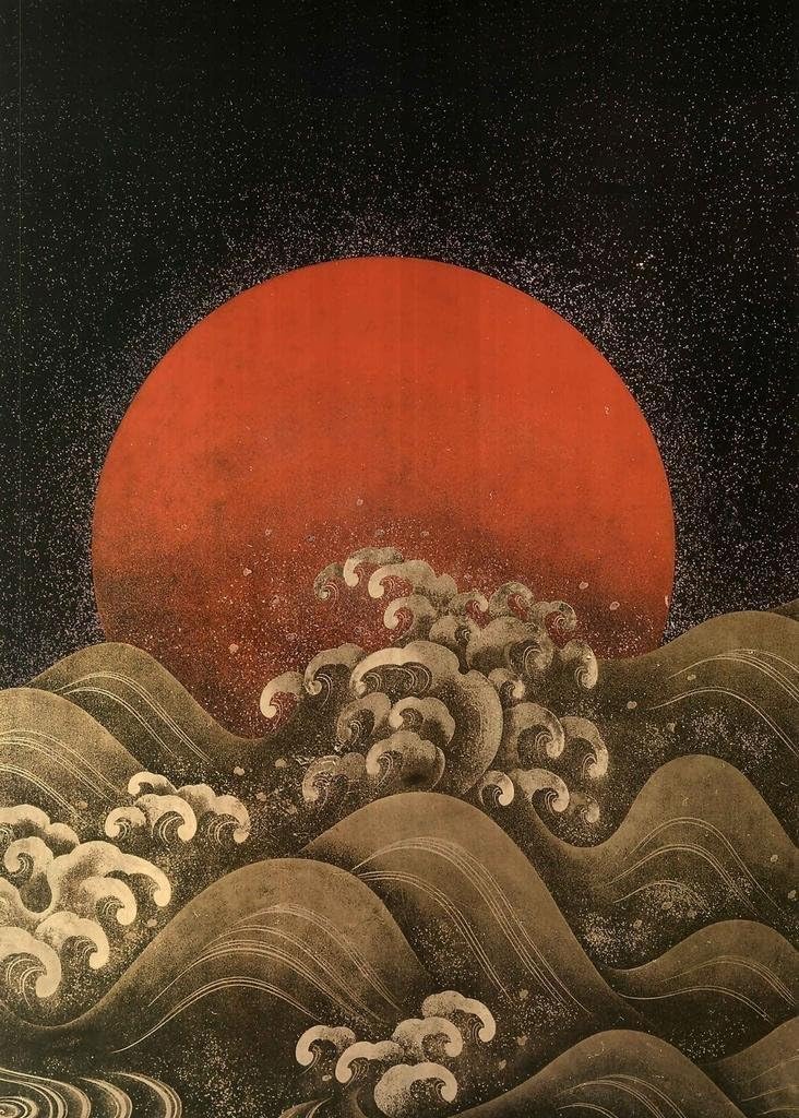 Sun Setting Ocean Waves Japanese Style Cool Wall Decor Art Print Poster 24x36