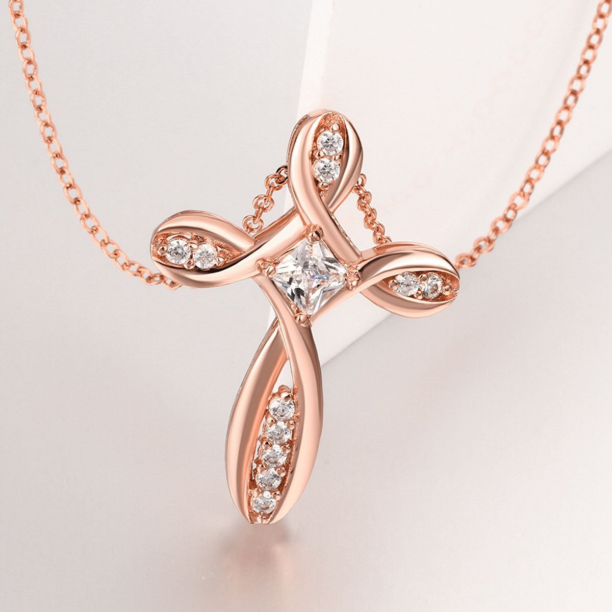 Rose Gold Cross Pendant Necklace for Women Infinity Zircon Crystal Jewelry