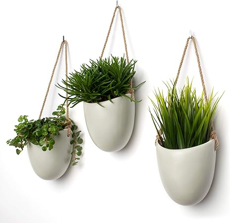 Kazai Pot Ceramique Pour Plantes Suspendues Lot De 3 Decoration Murale Standard Gris Clair Mat Amazon Fr Jardin