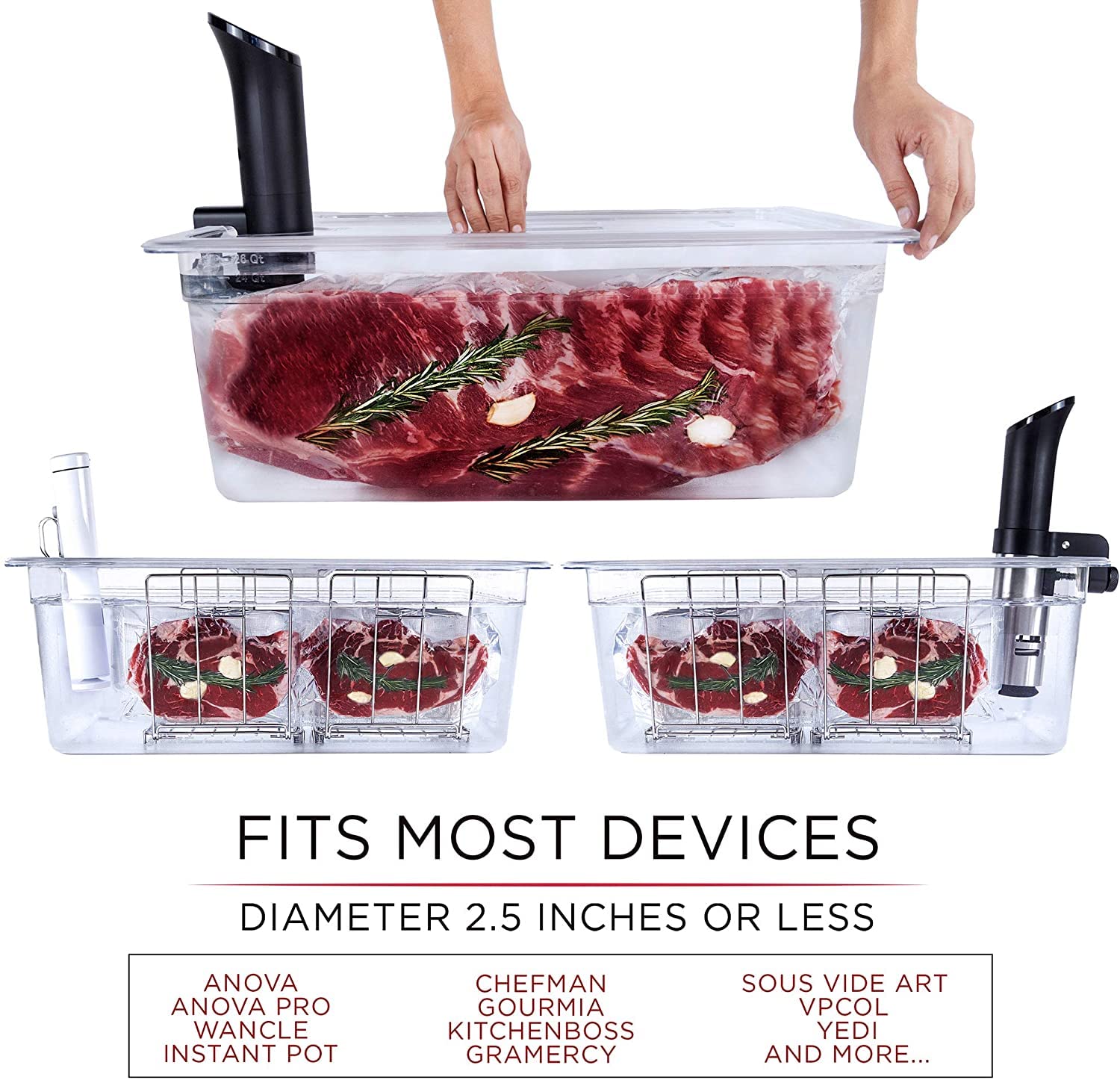 Large Sous Vide Container 26 Quarts with Lid, 2 Sous Vide Racks & Insulating Sleeve | Neoprene Retains Heat | Compatible with Anova, Anova Nano, Joule, Instant Pot, Sous Vide Cookers (26 QT)
