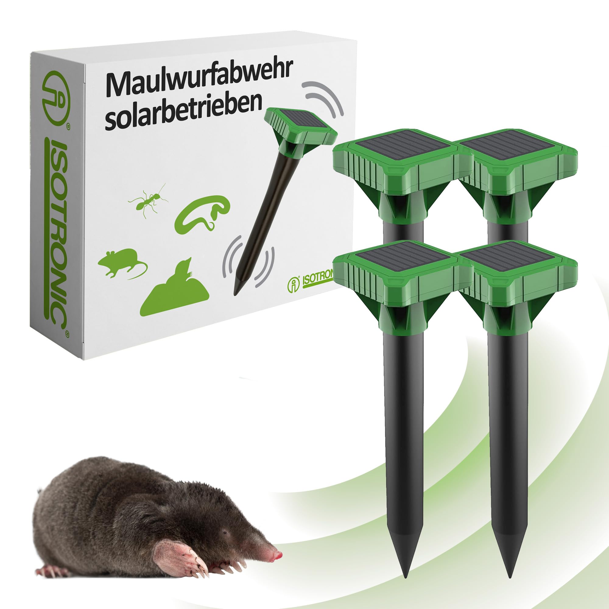 ISOTRONIC® Solar Mole Scarer, 4 pieces mole remover repellent to avoid voles in garden deterrent with vibration