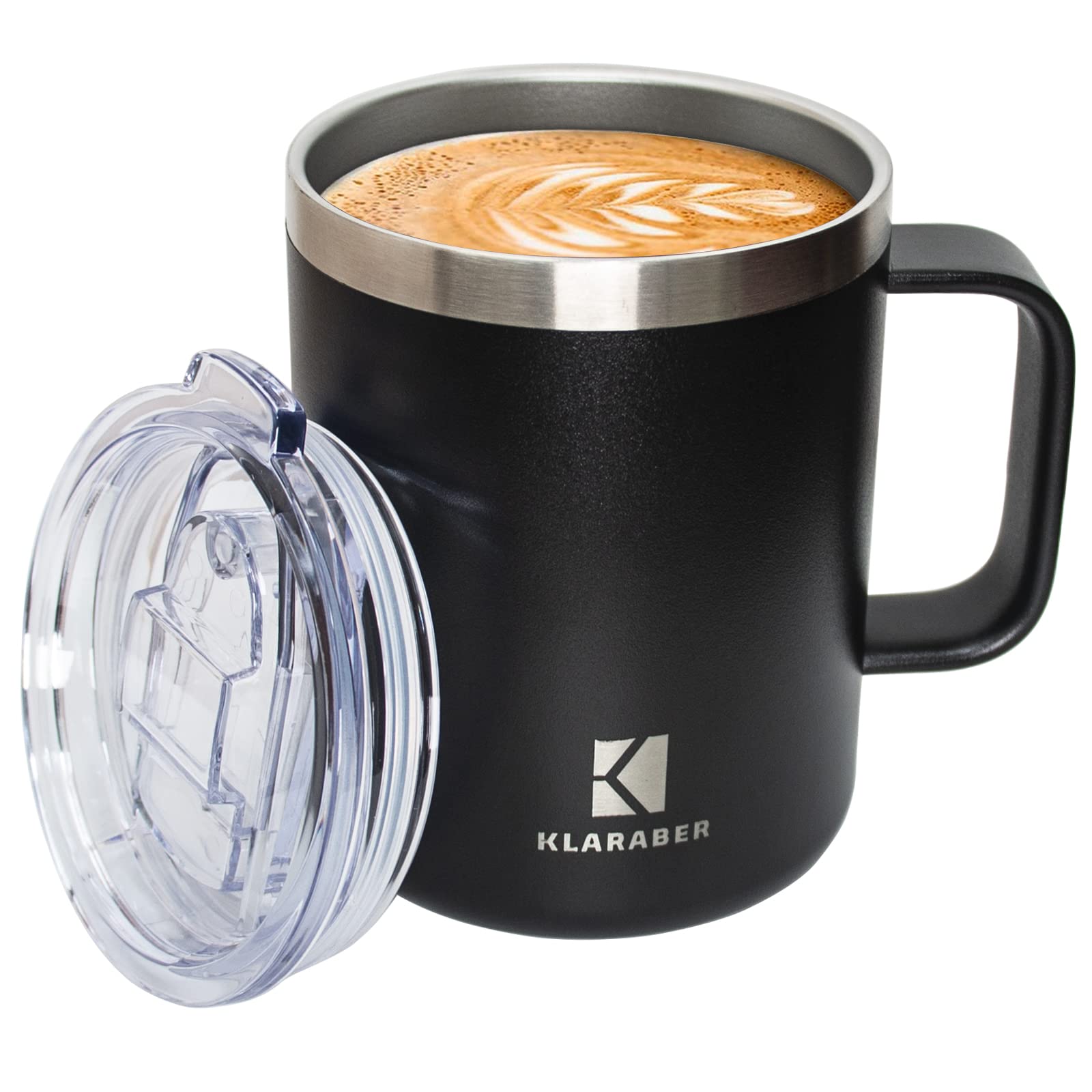 Klaraber Thermal Mug, Insulated Coffee Mug with Handle and Lid, Insulated Camping Mug, Double Walled Stainless Steel Beer Mug, Spill Proof, Reusable, 350ml / 12oz (Black)
