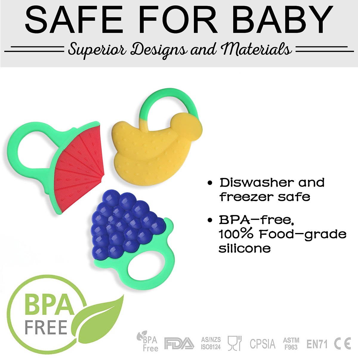 Zakitane Baby Fruit Teether Teething Toys Chewable Silicone Teethers with Rings Infant Toddler Teething Pain Relief BPA Free Set of 3 Watermelon Bananas and Grapes