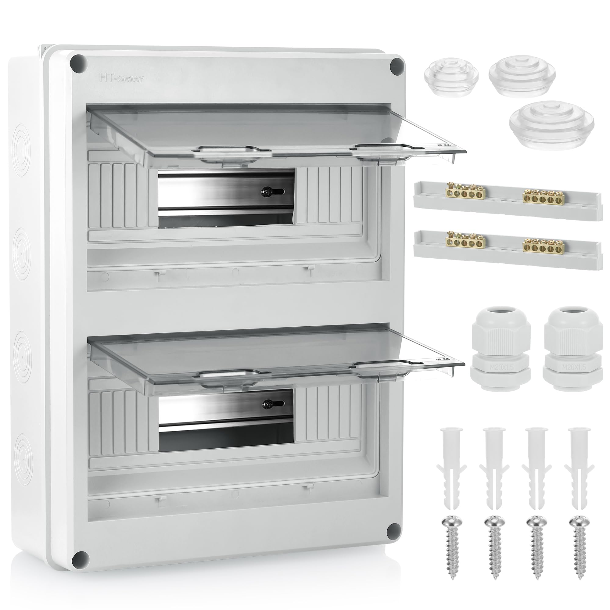 JIZZU DIN Rail Enclosure Box 24 Module - Consumer Unit Box, Surface-mounted Circuit Breaker Distribution Boxes with Assembly Tool, IP65 Waterproof for Workshops Garage Caravan Outsaid Buildings