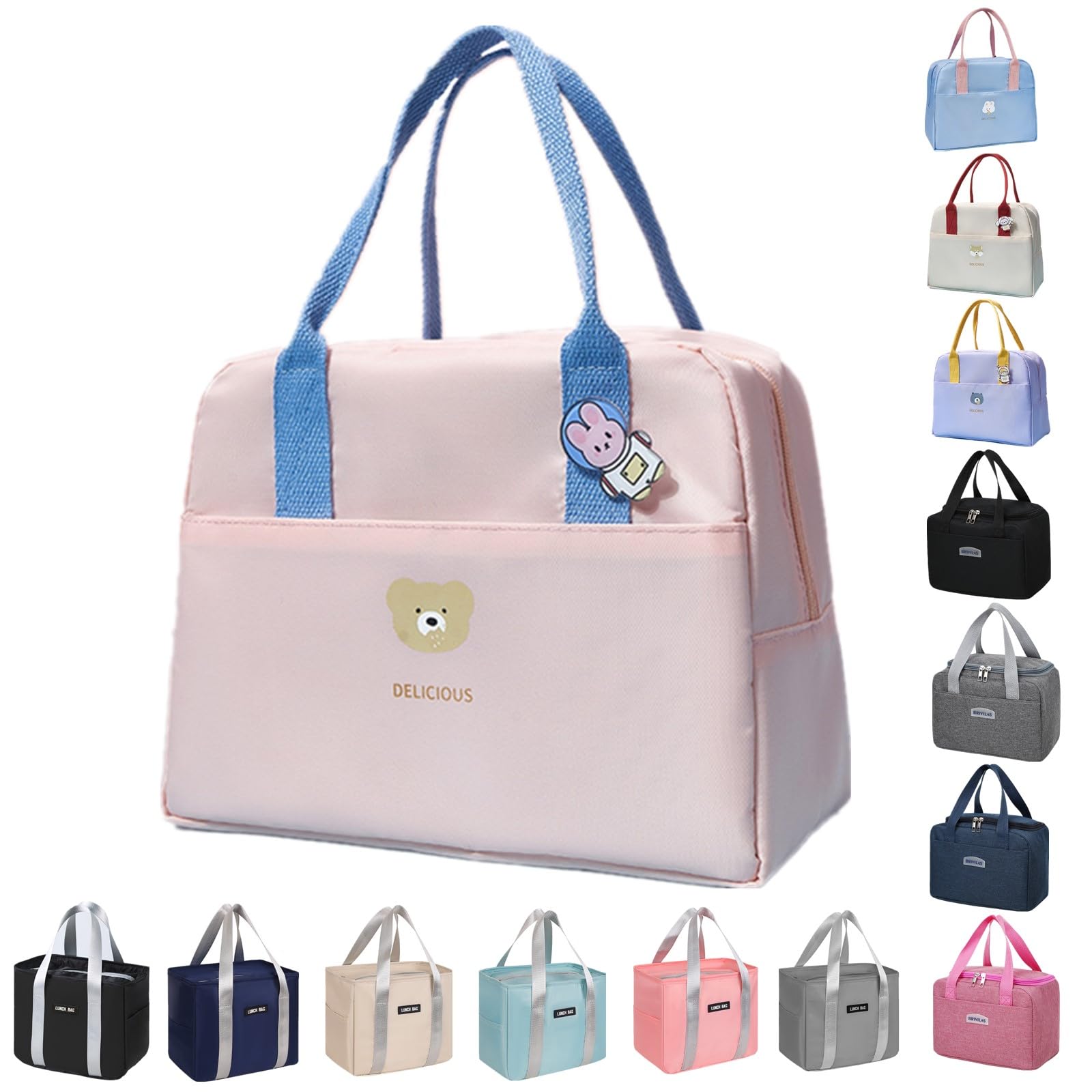 WUWYOUWL Lunch Bag, Cute Carton Insulated Lunch Box, Reusable Lunch Cooler Bags Waterproof Lunchbag Foldable Lunch Bag for Women, Men, Kids and Students Travel Picnic School (Pink)