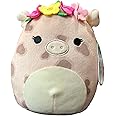 Squishmallows Official Kellytoy Soft Plush Squishy Animal (Aquitaine 7.5 Inch Plush Pink Cow, Cow Print Pattern with Brown Spots, Flower Headband, Eyelashes, White Belly, White Inner Ears, and tail.