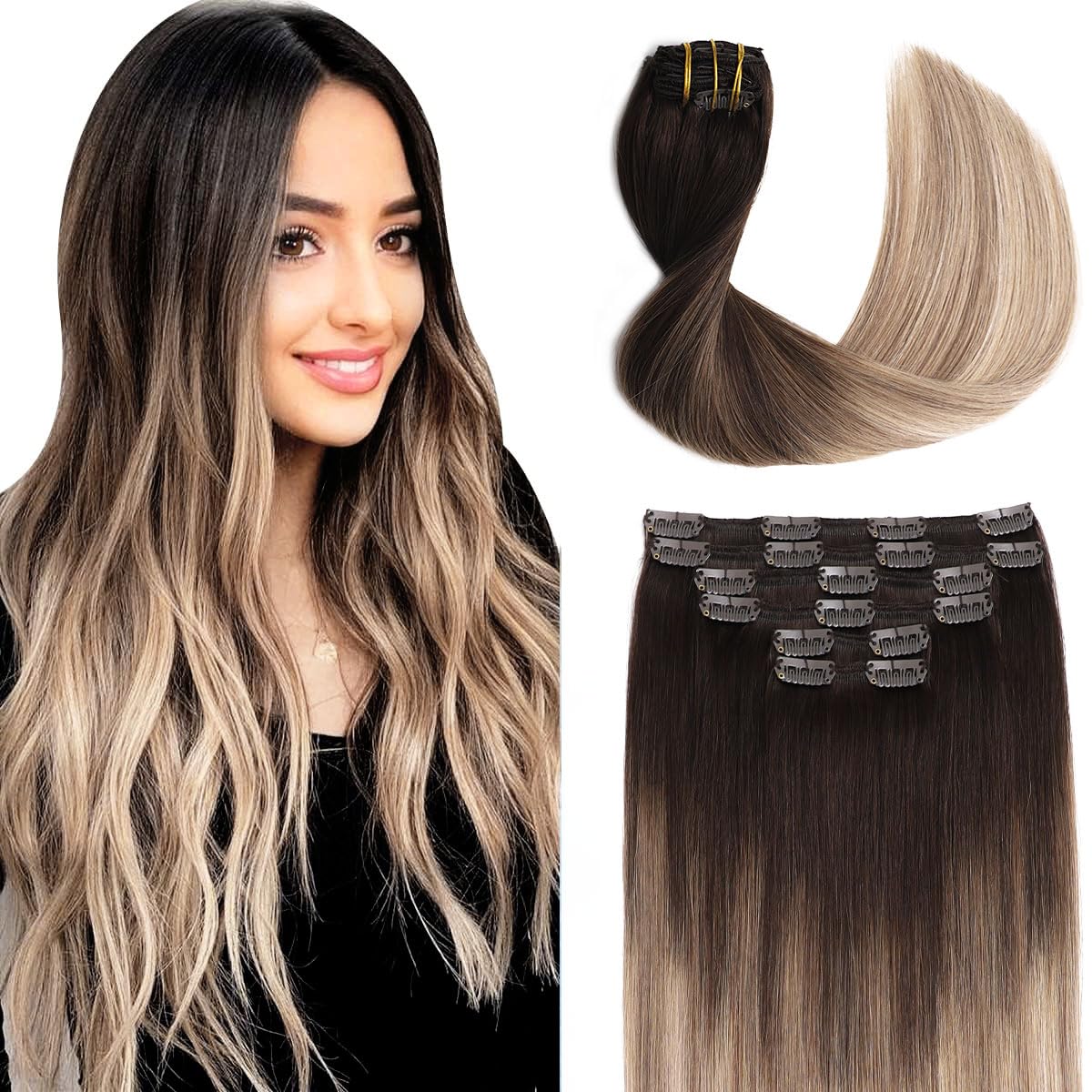Clip in Hair Extensions Human Hair, 16 Inch 100g 6pcs Balayage Dark Brown to Chestnut Brown and Dirty Blonde Clip in Extensions Straight C16#2/6/18 — image 1