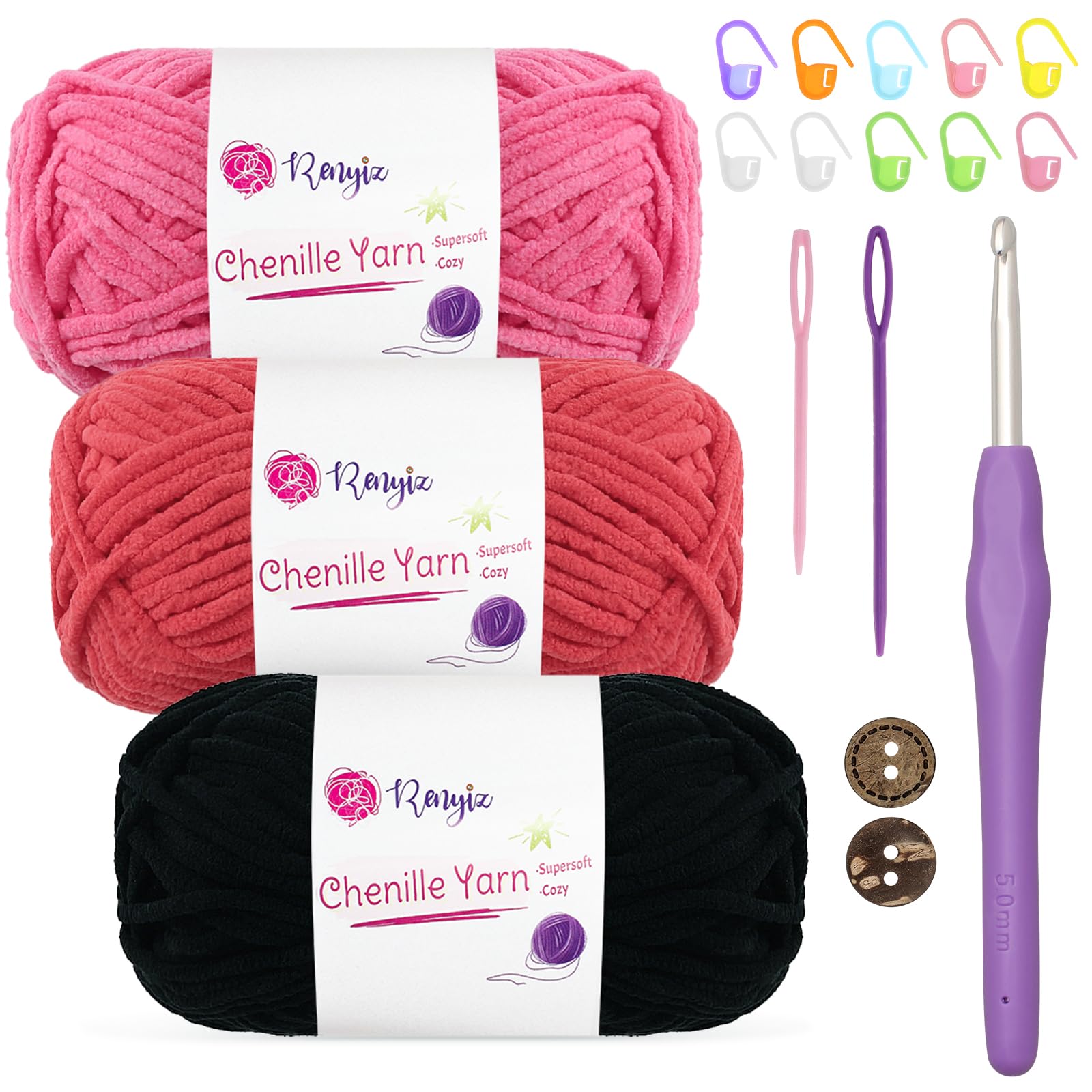 Renyiz Chenille Chunky Yarn for Crochet 3x50g (60m/Skein) Soft Fluffy Wool Ideal for Blankets, Amigurumi, Beginner Crocheters, with 5mm Crochet Hook (Rosepink-3) — image 1