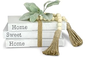 TenXVI Designs Decorative White Books, Set of 3 - Home Sweet Home Stacked Books - Rustic Farmhouse Accent Decor, Entryway Shelf, Mantel and Bedroom Night Stands with Bead/Flower Bundle
