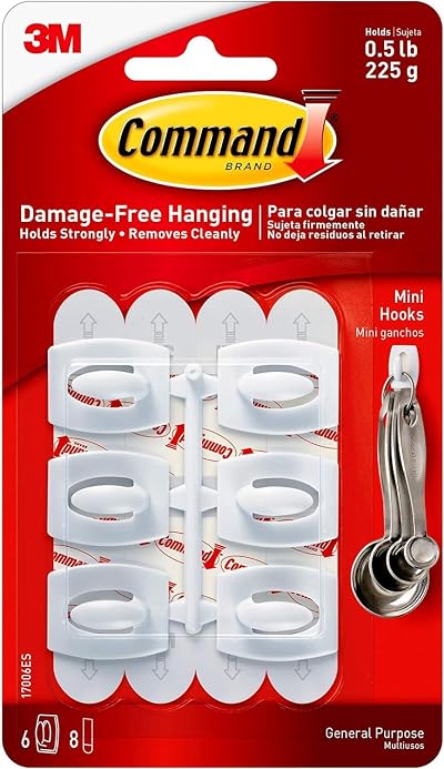 Command Mini Hooks White 6 Hooks 8 Small Adhesive Strips Damage Free Hanging