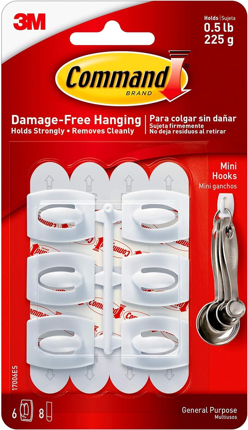 Command Mini Hooks, White - 6 Hooks and 8 Small Adhesive Strips - Damage Free Hanging