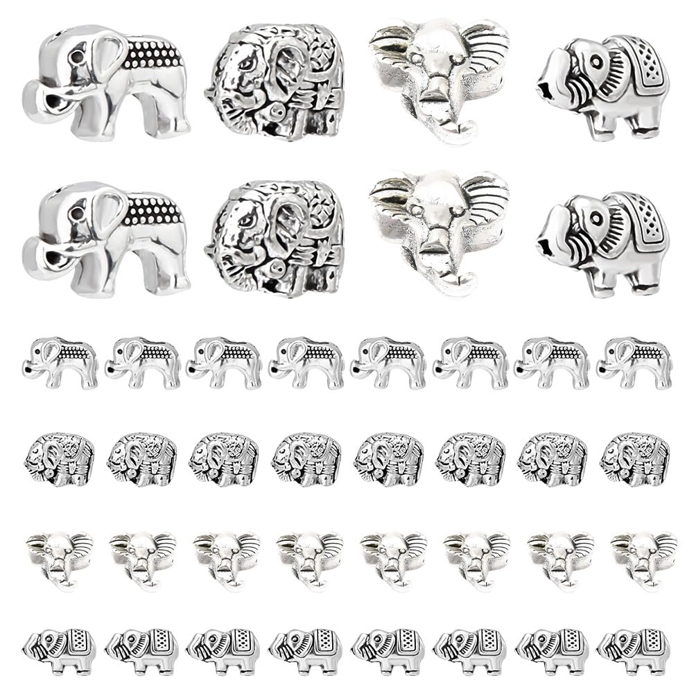 PH PandaHall 40pcs Elephant Spacer Beads, 4 Style Lucky Elephant Animal Beads Tibetan Alloy Carved Loose Beads for DIY Necklace, Bracelet, Earring Kaychain Jewellery Making, Antique Silver