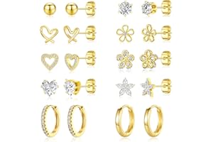 RITACH Small Gold Stud Earrings Set for Women - 14K Gold Plated CZ Huggie Hoops Hypoallergenic Earrings Dainty Flower Heart Stud Earrings for Jewelry Gift