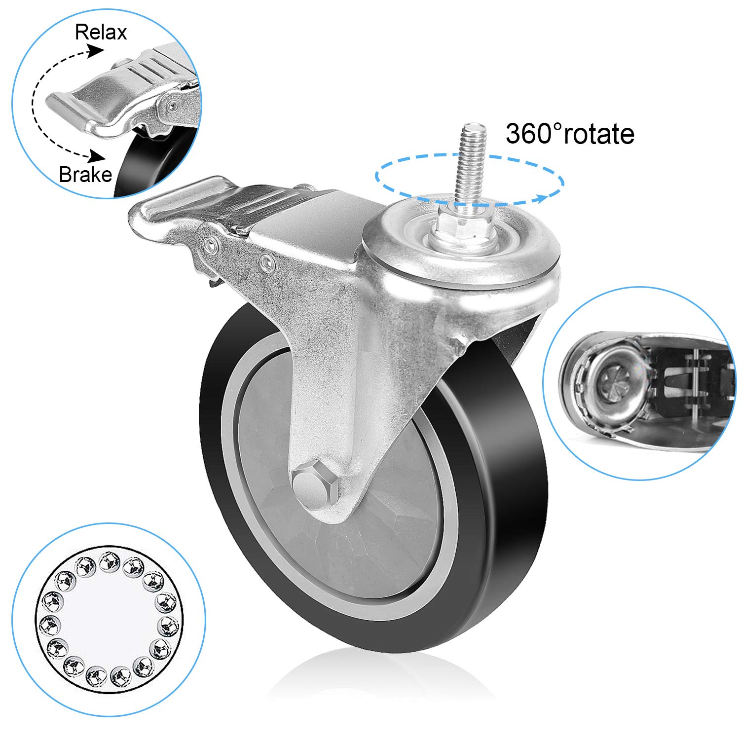 YEEMIGO 4 Inch Threaded Stem Mount Industrial Casters Unified National Coarse UNC 5/16"-18x1" Locking Metal Swivel Wheel Castors for Carts, Furniture, Dolly, Workbench, Trolley: Industrial & Scientific