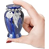 Memorials Small Urns for Human Ashes Keepsake Aluminum Mini Urns for Ashes with Angel Wing Charm Decorative Burial Urn Funeral Cremation Urns for Women and Men (Deep Blue)
