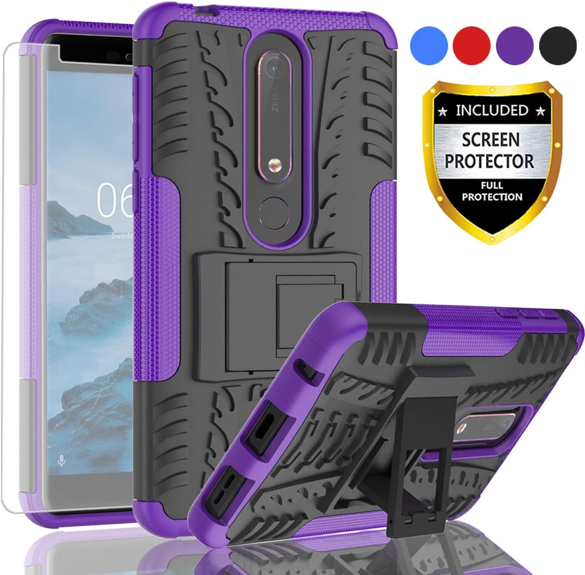 AYMECL Nokia 6 2018 Phone Case,Nokia 6.1 Case,Tire Pattern Design Heavy Duty Dual Layer Shock Resistant Armor Kickstand Cover with HD Screen Protector for Nokia 6 2018-HN Purple
