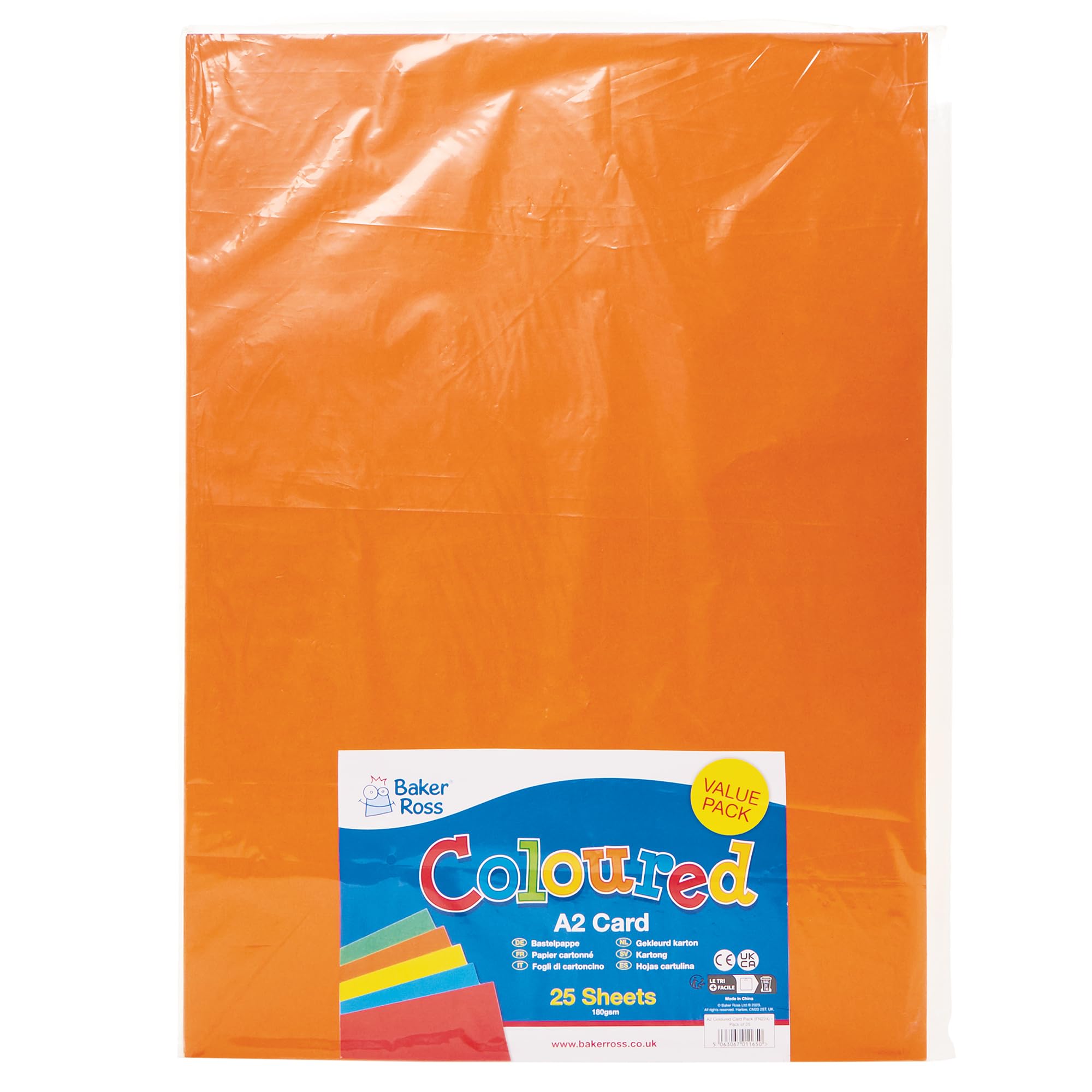 Baker Ross FN224 A2 Coloured Card Pack - Pack of 25, Colourful Paper Sheet, Blank Sheets for Arts and Crafts