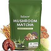 Balincer Mushroom Matcha, 6 Adaptogenic Mushrooms (Lion's Mane, Cordyceps, Turkey Tail & Other) Mixed with Ceremonial Grade Matcha for Focus, Energy, Immune and Digestion Health Support, 30 Servings