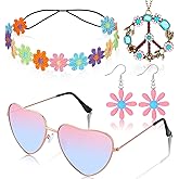 4 Pcs Hippie Costume Accessories Set 70s Peace Sign 60s Outfits for Women Necklace Daisy Earrings Flower Headband Sunglasses