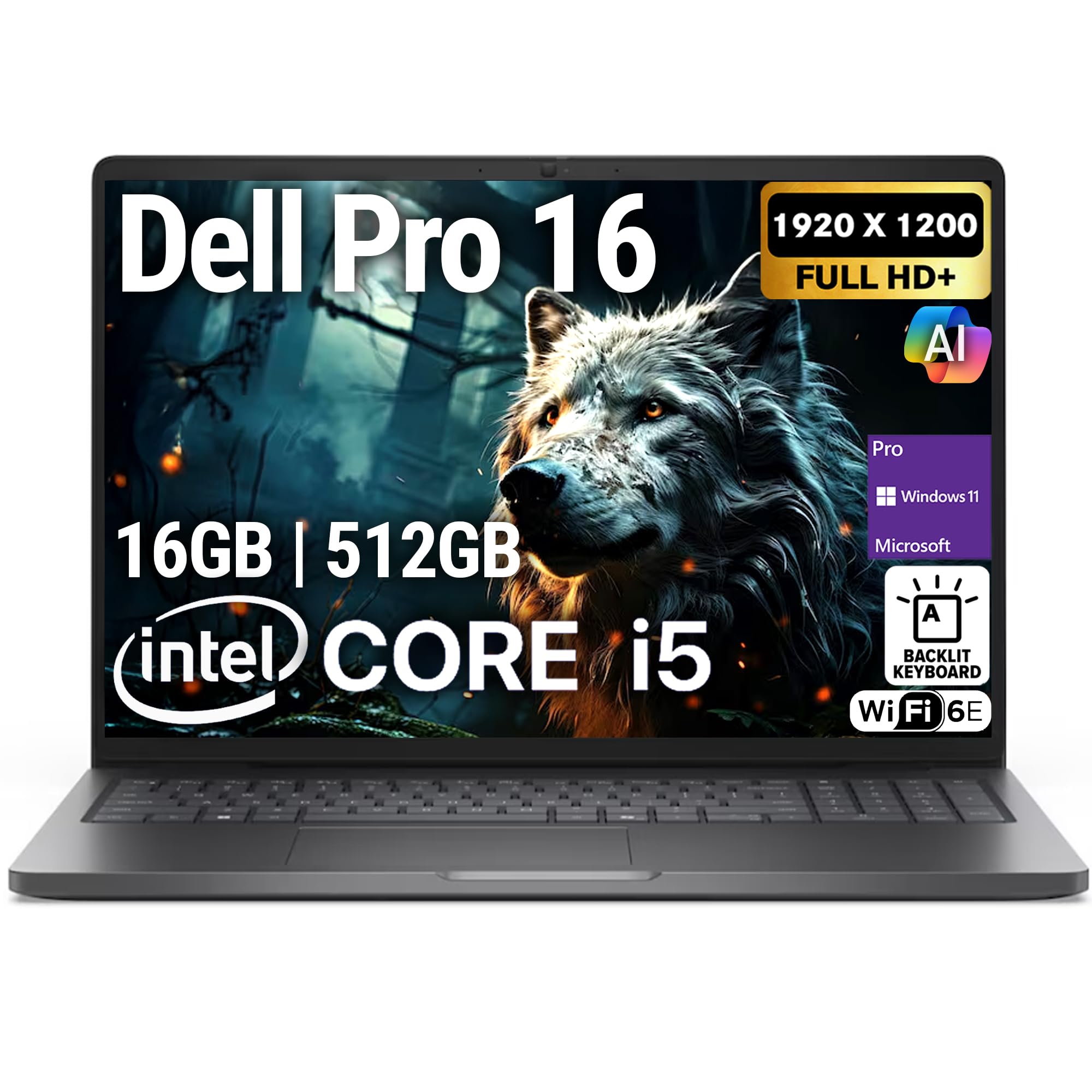 Dell Pro 16 PC16250 (Replaces Latitude 3550) 16” WUXGA Display Business Laptop, Intel i5-120U, 16GB DDR5 RAM, 512GB SSD PCIe, WiFi 6E + BT, RJ-45, Backlit Keyboard, HD Webcam, Windows 11 Pro - Black