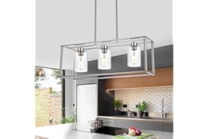 BONLICHT Modern Kitchen Island Chandelier 3 Light Brushed Nickel Rectangle Pendant Lighting Fixture Hanging Linear Cage Ceiling Light with Clear Glass Shade for Dining Room Farmhouse Foyer Cafe Bar