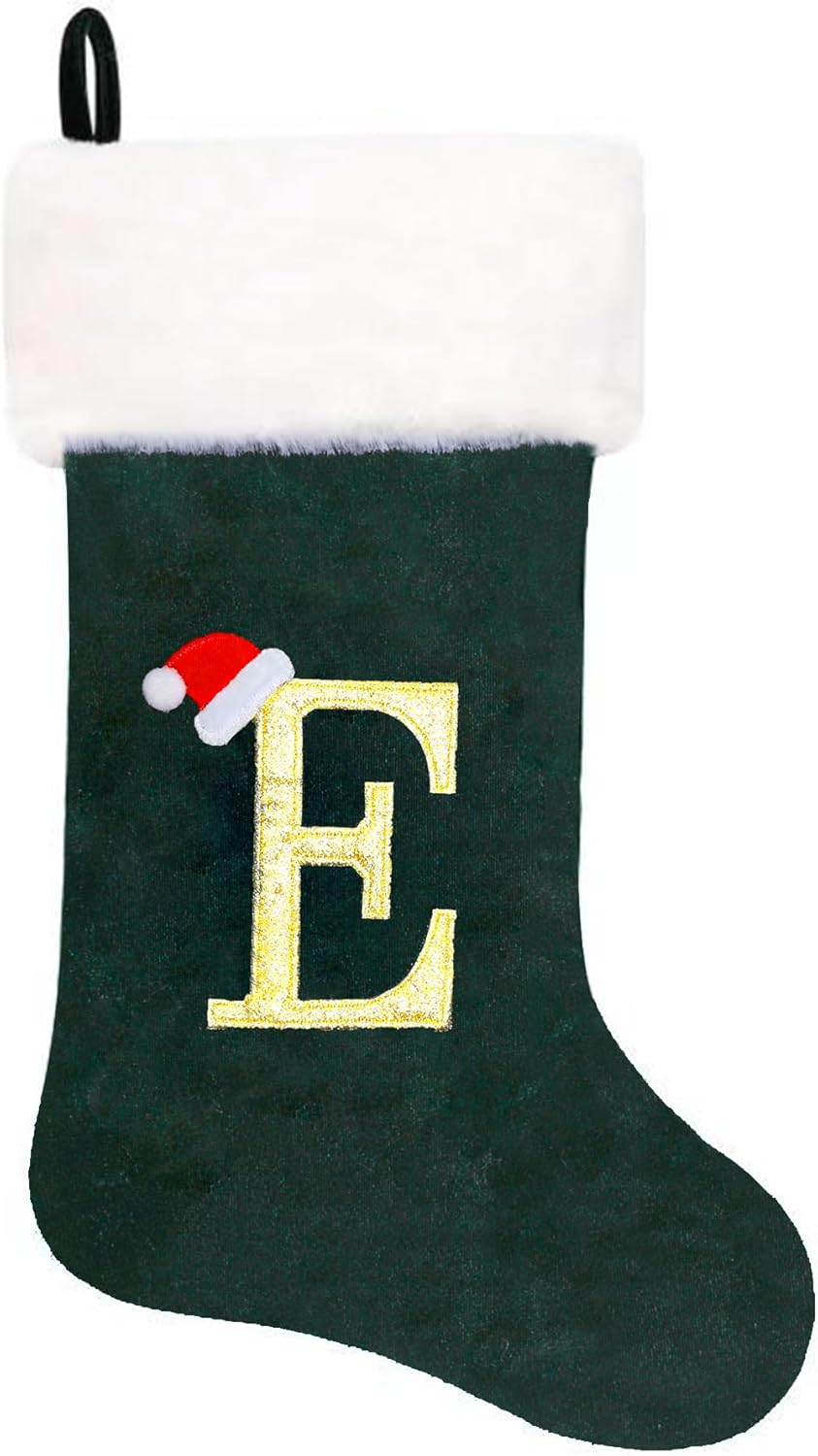 Stockings & Holders - Eoocan 20 Inches Monogram Christmas Stockings Green Velvet with White Super Soft Plush Cuff Embroidered Xmas Stocking Classic Personalized Stocking Decoration for Family Holiday Season Decor(Letter E)