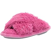 Dearfoams Unisex-Child Ava Kids Printed Detail faux faux fur Cross Band Slide Slipper