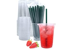 AATRIET 16 oz Clear Plastic Cups with Lids and Straws, Disposable Coffee Cups 25 Sets