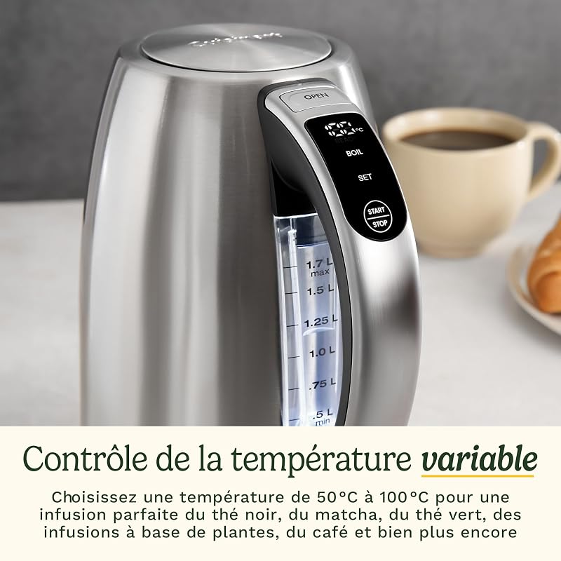 Bouilloire Électrique SmartElite 1,7L Inox – Écran tactile, Température réglable 50–100°C, Ébullition rapide 3 kW, Filtre anticalcaire lavable, Bec précis