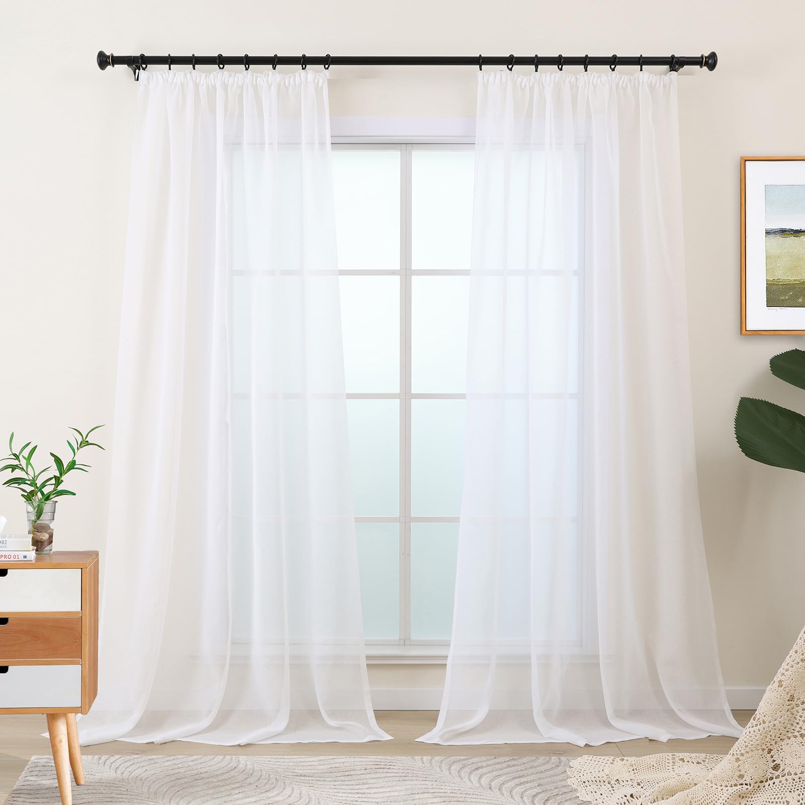 L.Z.E Sheer Curtains for Living Room, White Curtains & Drapes for Bedroom Nursery Track System Bay Windows, 96 Inch Drop & Long Pencil Pleat Sheer Curtains, 2er Set Light Linen Look