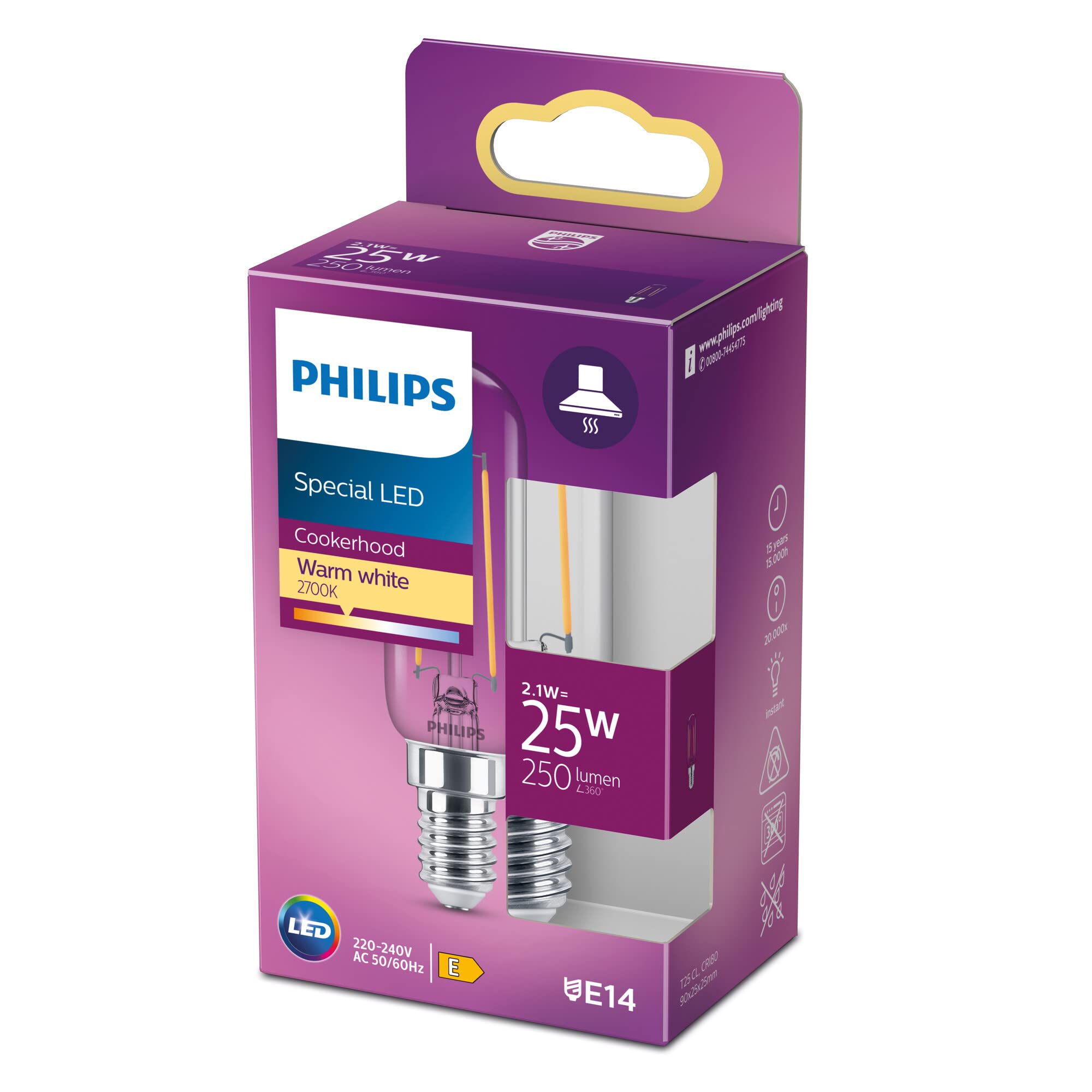 Philips LED Classic T25L Clear Candle Light Bulb [E14 Small Edison Screw] 2.1W - 25W Equivalent, Non-Dimmable.